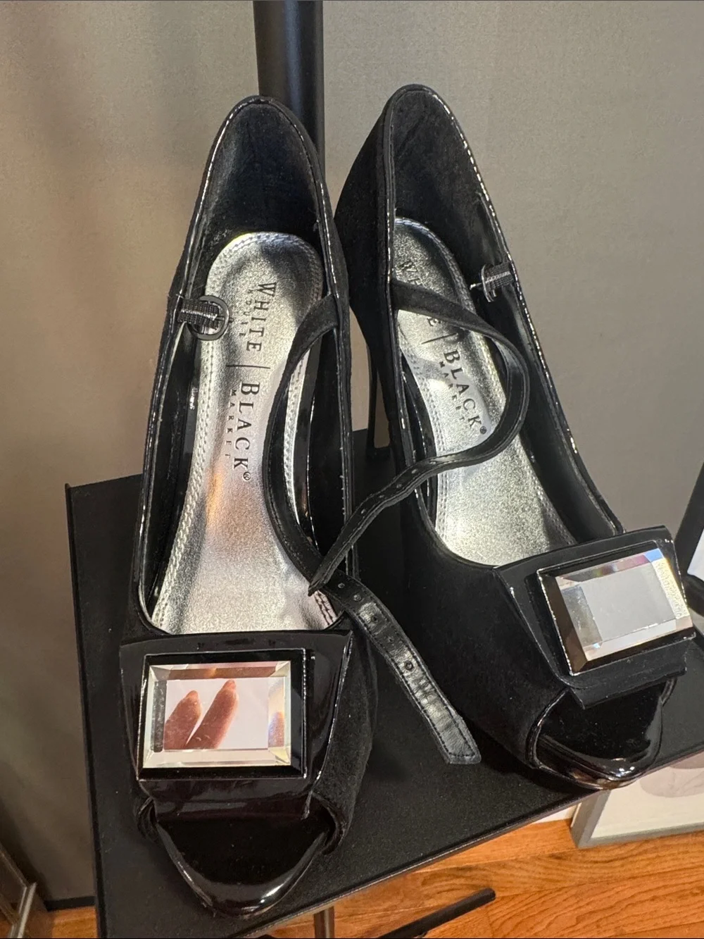 White House Black Market Black Patent Peep-Toe Heels with Faceted Gem